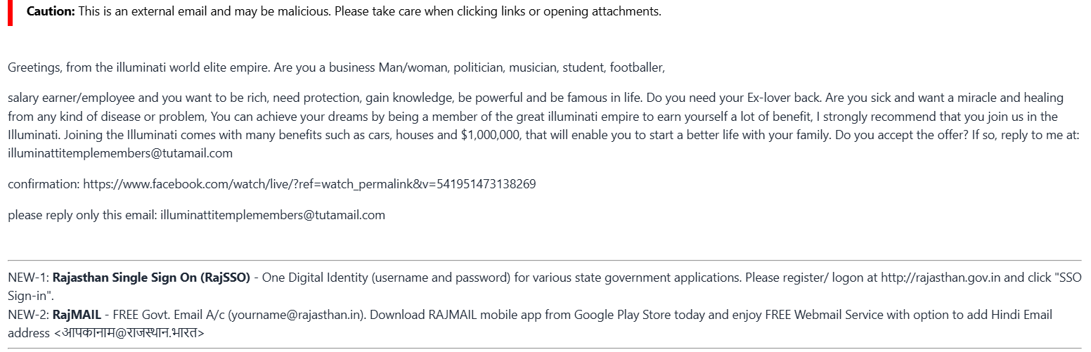 The 'Illuminati' scam email as received by the target