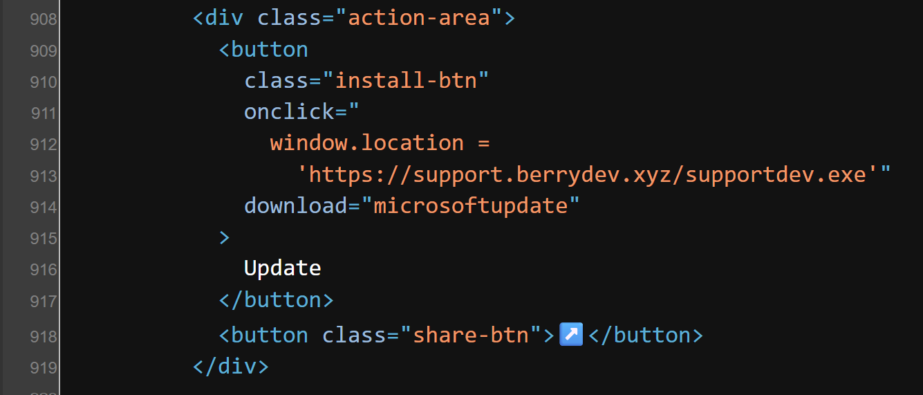 Browser network trace showing the active Update button on teamvem.com initiating a download of supportdev.exe from support.berrydev.xyz