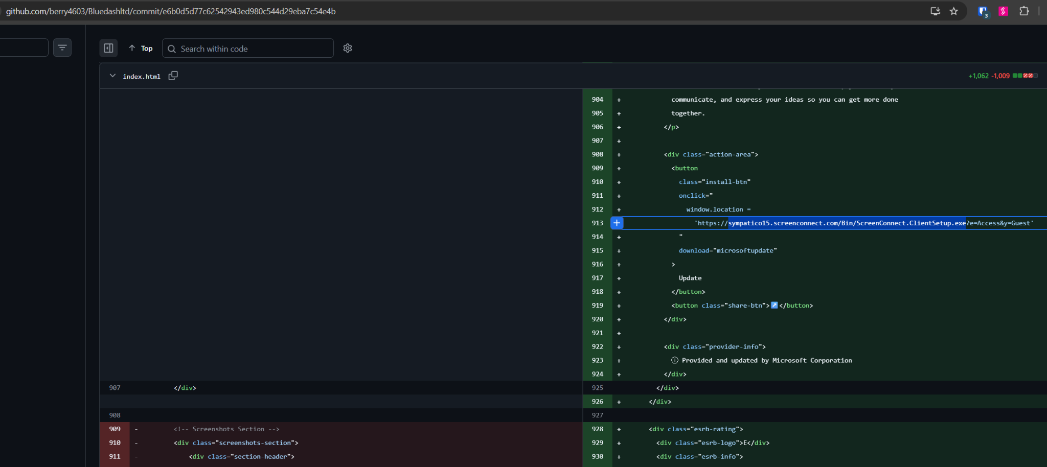 GitHub commit diff showing a historical revision of the fake Teams Update button pointing directly to an attacker-controlled ScreenConnect client with the microsoftupdate label