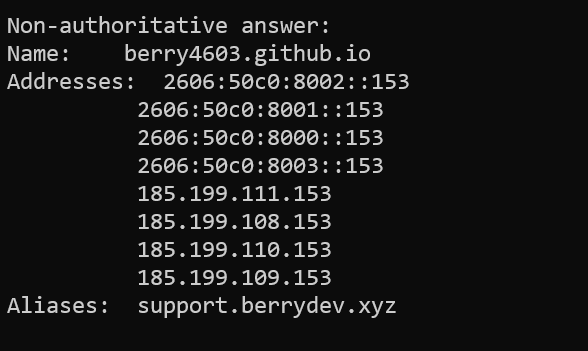 DNS resolution output showing the CNAME chain from support.berrydev.xyz to the GitHub Pages hostname associated with the Bluedashltd repository