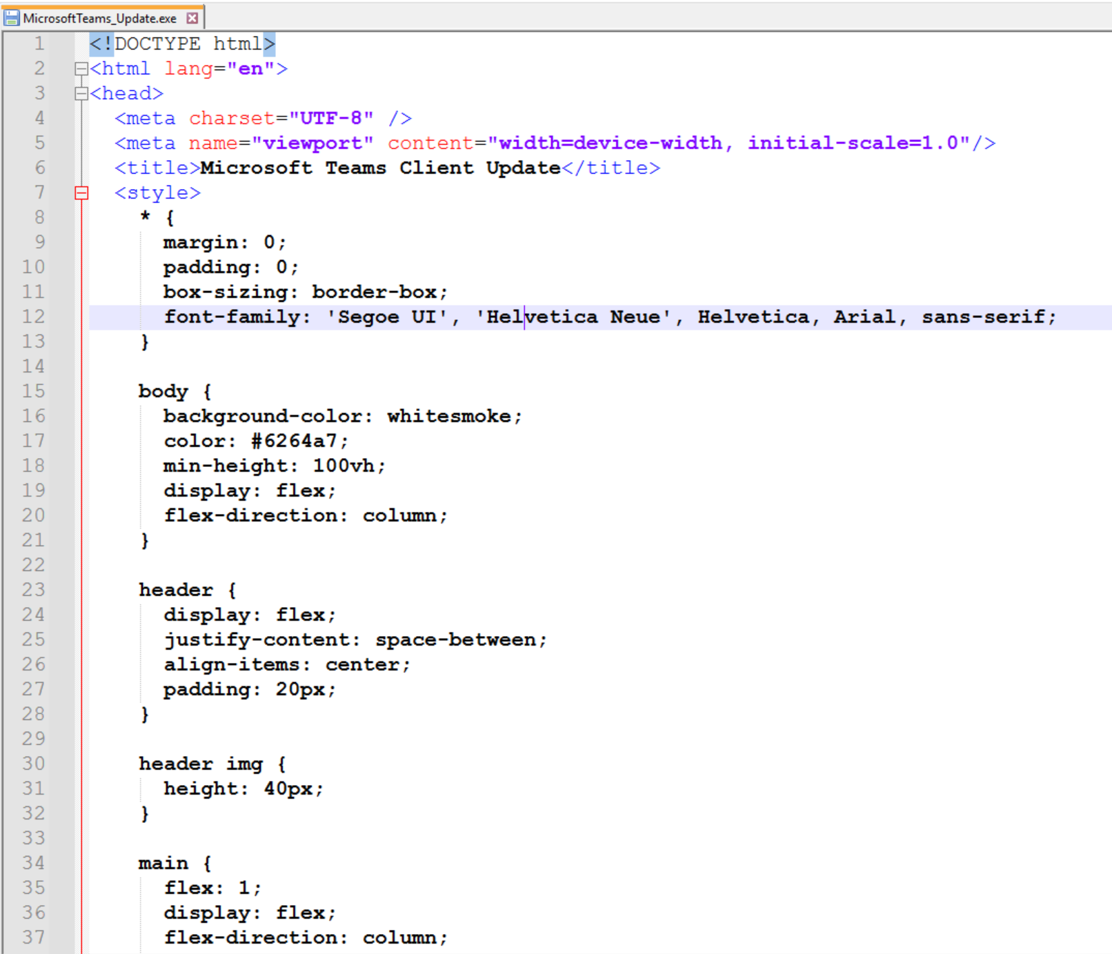 File explorer view of the downloaded MicrosoftTeams_Update.exe showing HTML content instead of a Windows executable format