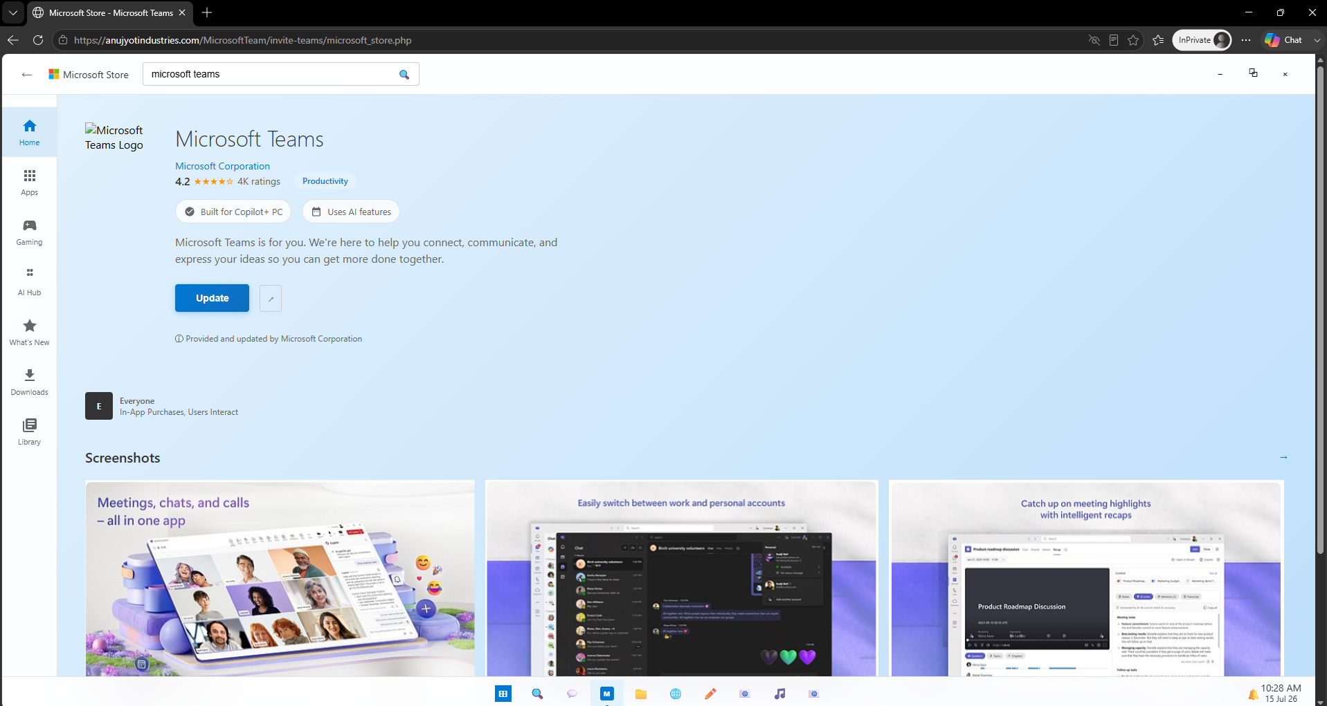 Counterfeit Microsoft Store page showing Microsoft Teams branding, product details, screenshots, and a fake Windows taskbar, presenting a Teams update requirement before the secure document could be accessed
