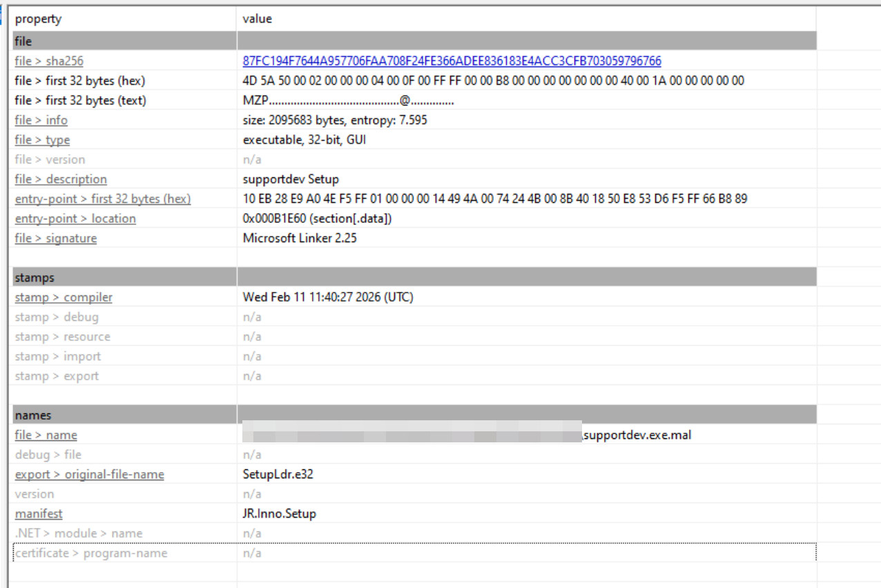 Inno Setup metadata extracted from supportdev.exe during static analysis showing the installer packaging details