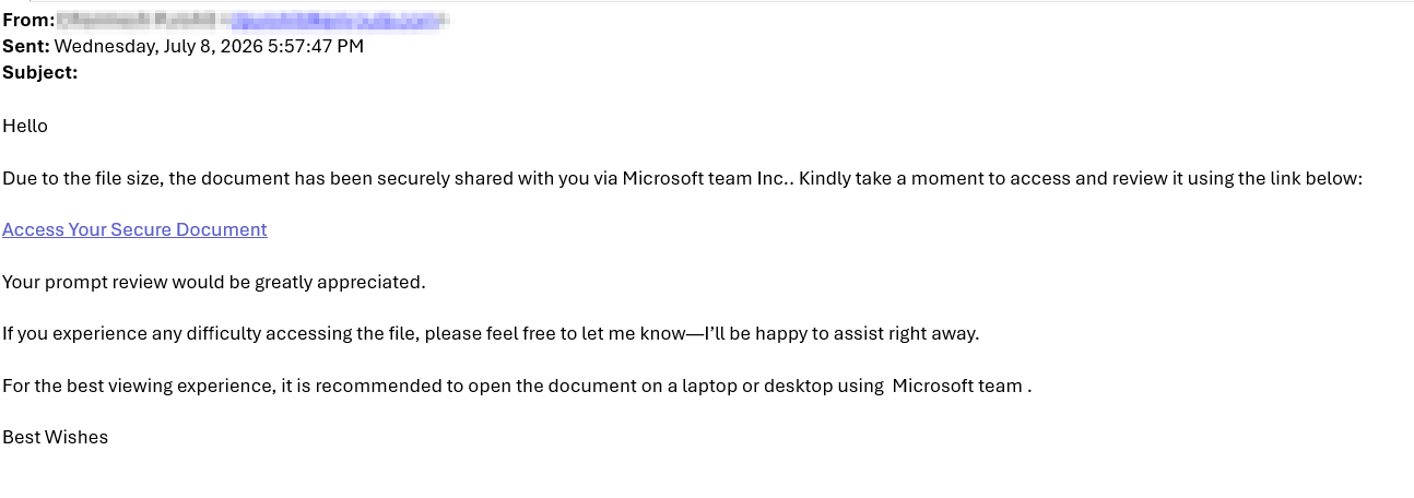 Original phishing email HTML source showing the fake Microsoft Teams secure-document narrative, the Access Your Secure Document button, and the embedded link to the compromised Turkish site