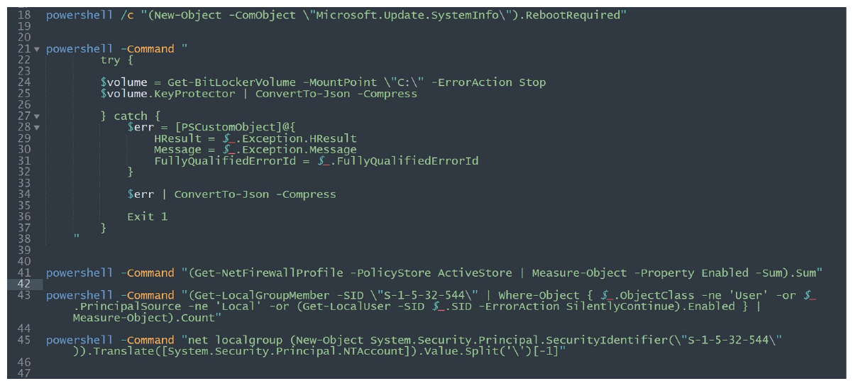 PowerShell commands executed by the operators through the RMM channel to check reboot state, BitLocker configuration, Windows Firewall profiles, and local Administrators group membership