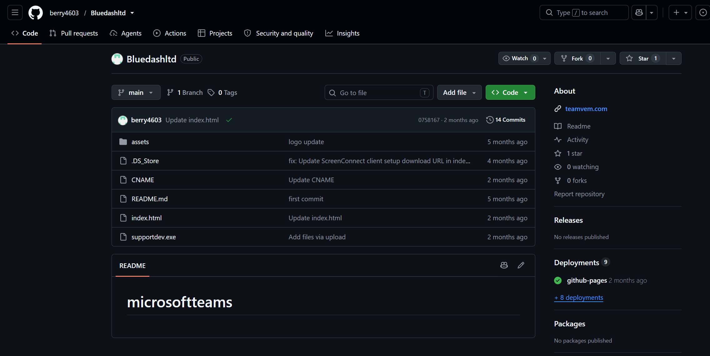 GitHub repository view of the Bluedashltd project showing the index.html phishing page, CNAME configuration file, supportdev.exe payload, and 14-commit history