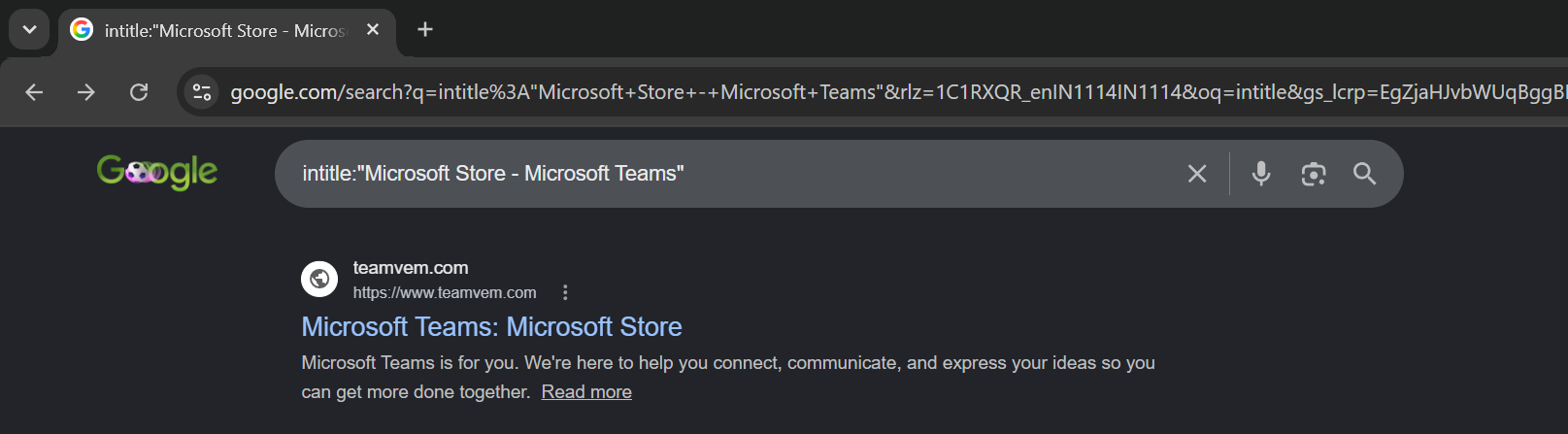Search engine results showing a page-title dork match for 