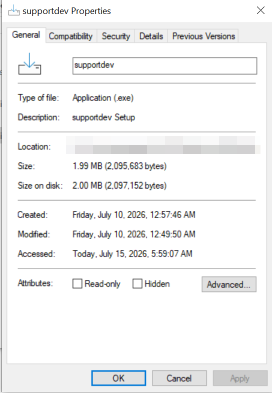 Windows file properties dialog for supportdev.exe showing the installer metadata and lack of a legitimate Microsoft signature