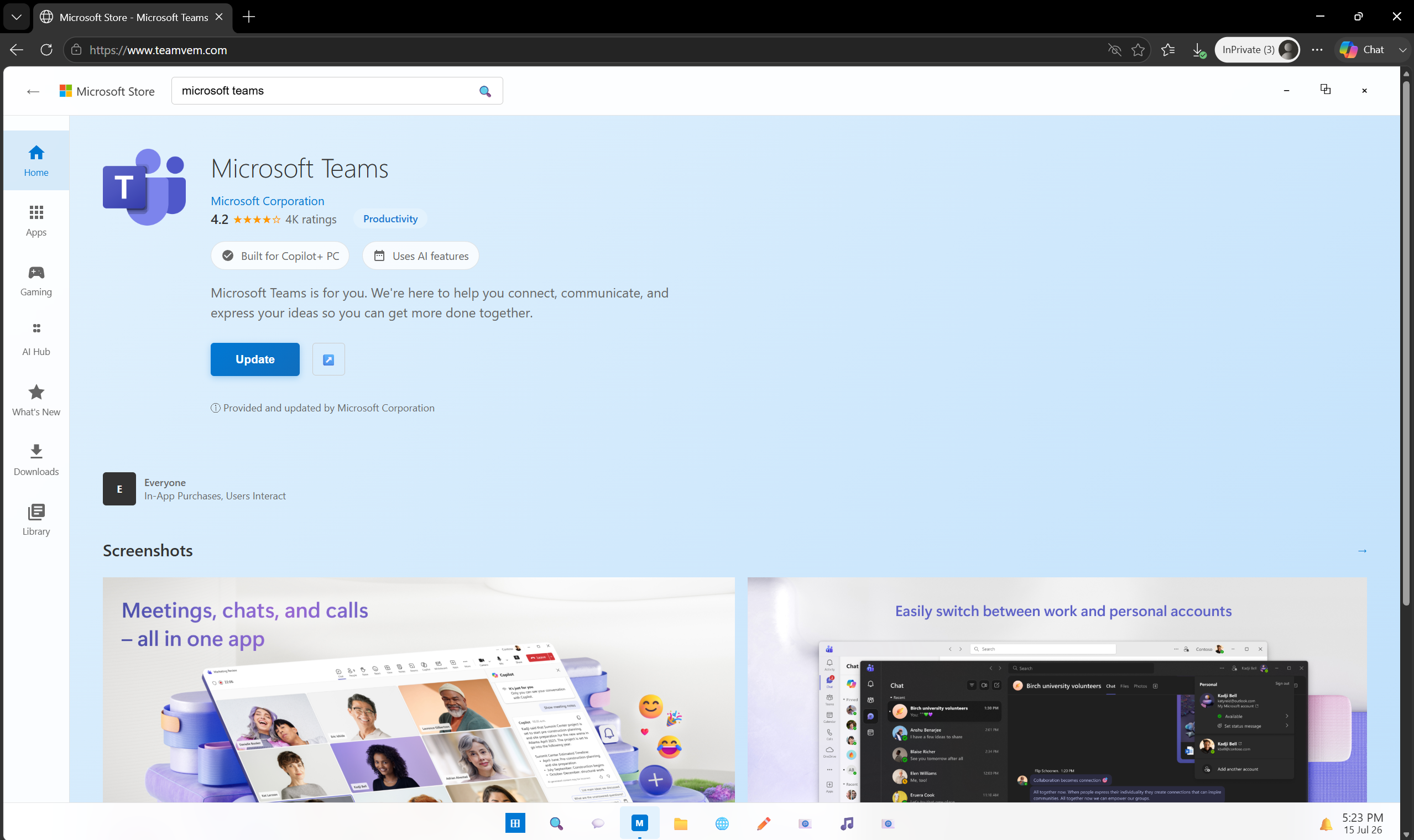 Live phishing page at teamvem.com presenting the same counterfeit Microsoft Store update workflow with Microsoft Teams branding