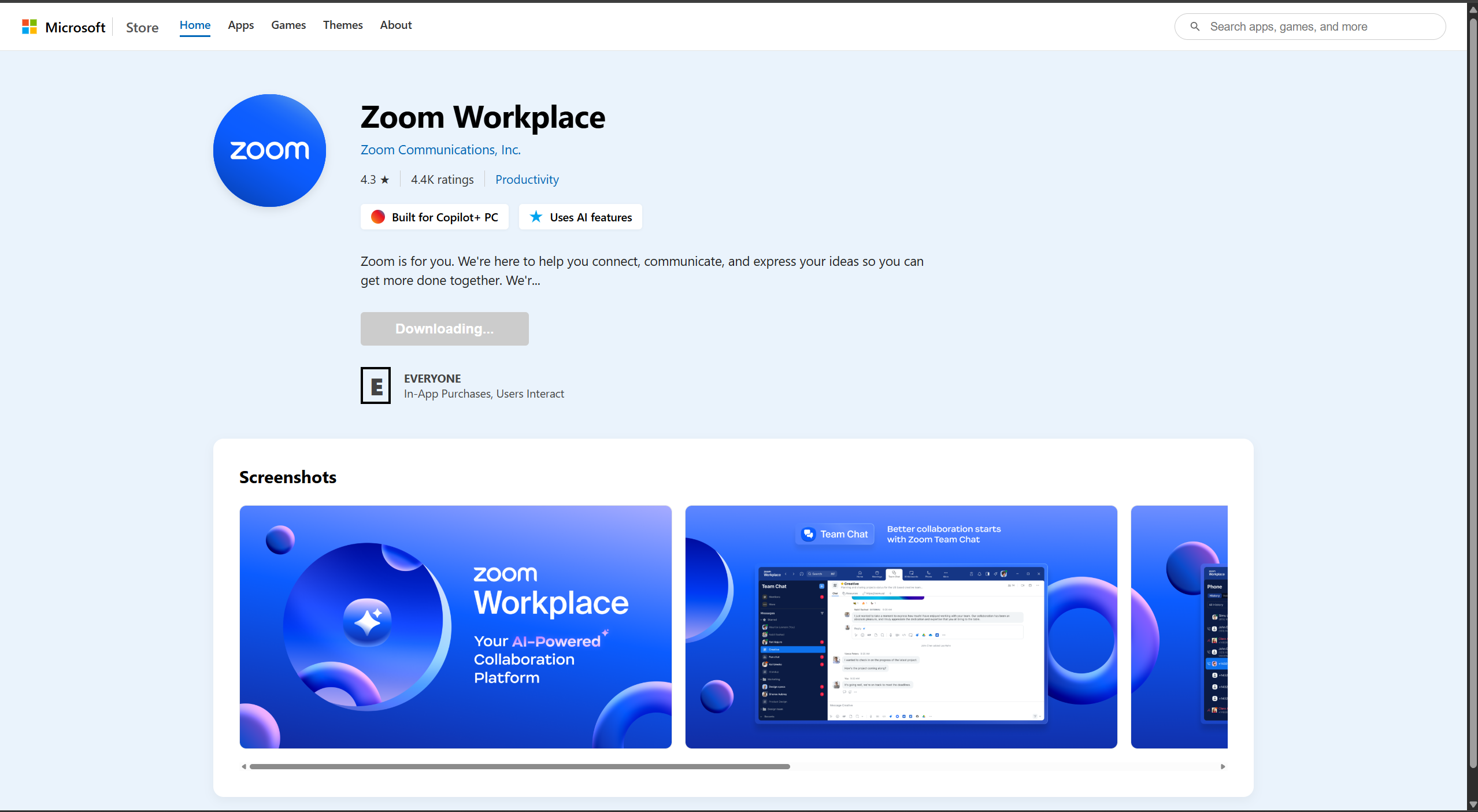 Counterfeit Microsoft Store page presenting a malicious Zoom update download in the same visual template used for the Teams branch