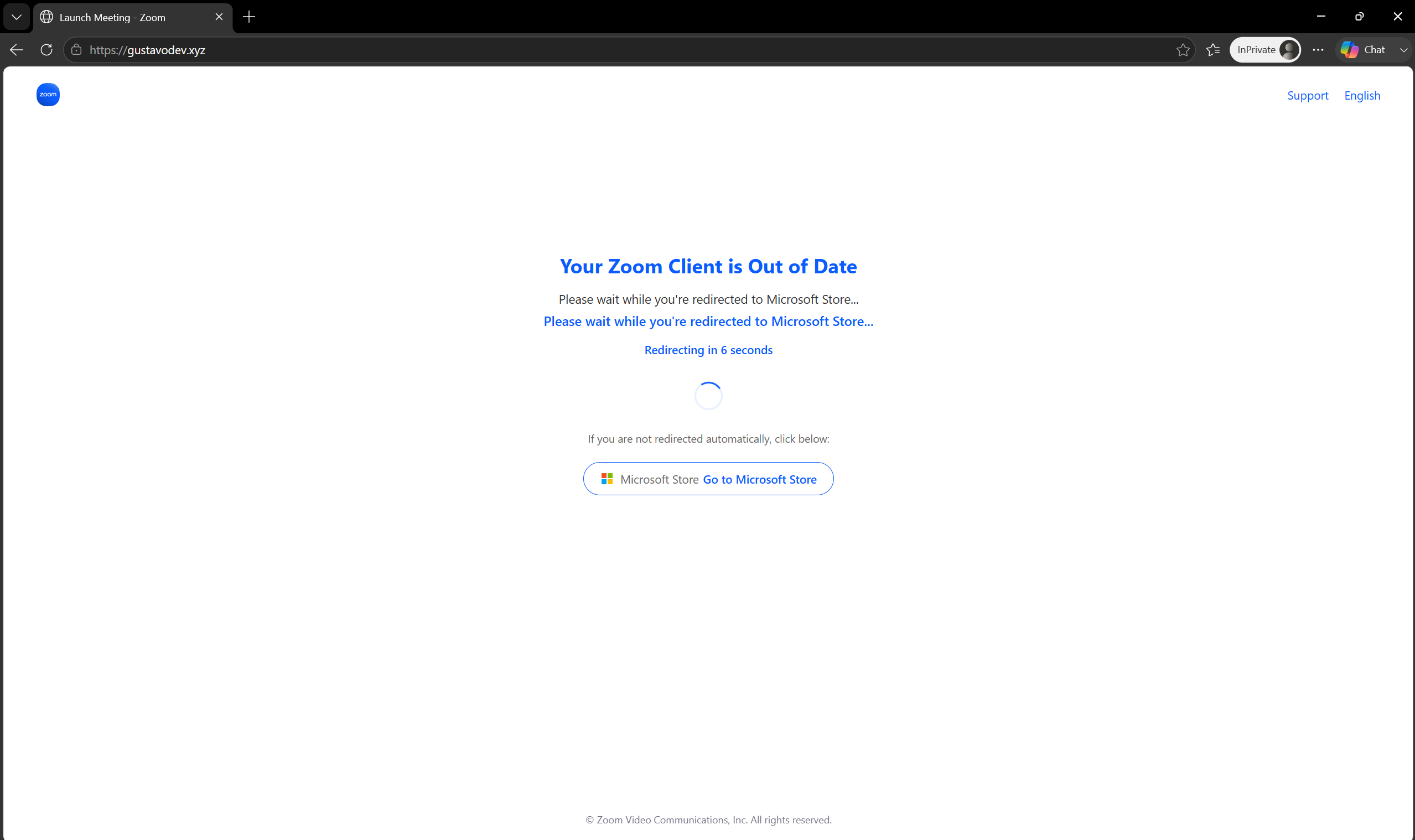 Fake Zoom meeting page informing the victim that the Zoom client is out of date and must be updated before the meeting can begin