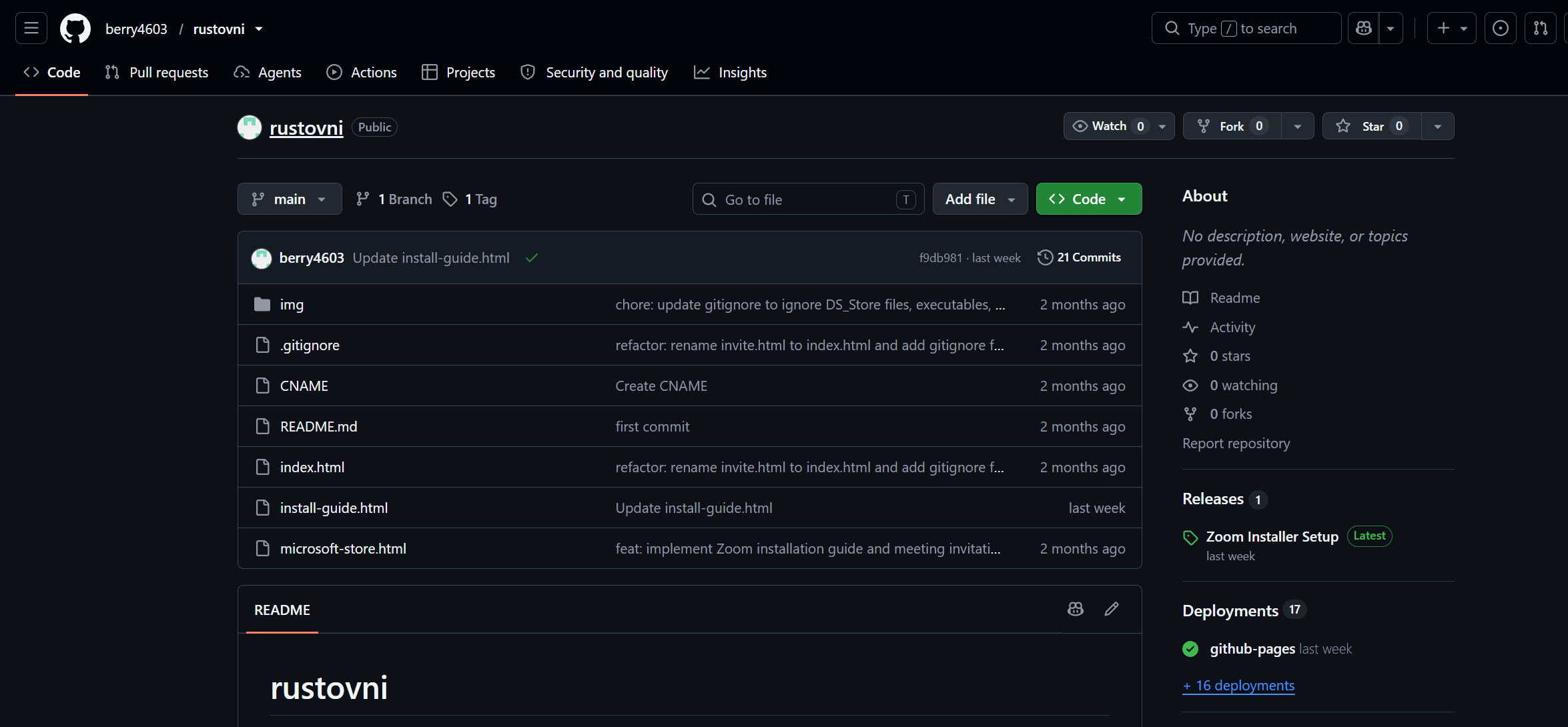 GitHub repository view of the rustovni project showing the Zoom meeting lure pages, custom-domain CNAME, images, and payload releases