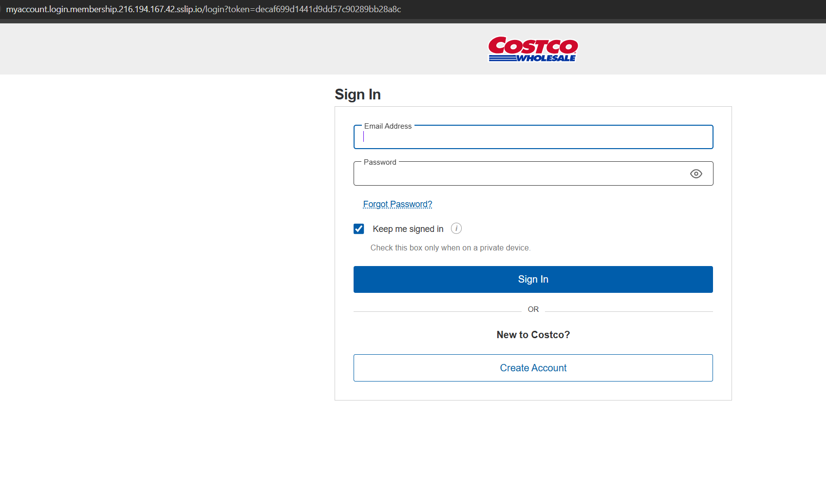 Fake Costco login page hosted on an sslip.io embedded-IP hostname
