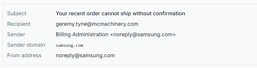 Email metadata view showing Samsung-looking sender with Costco-themed content