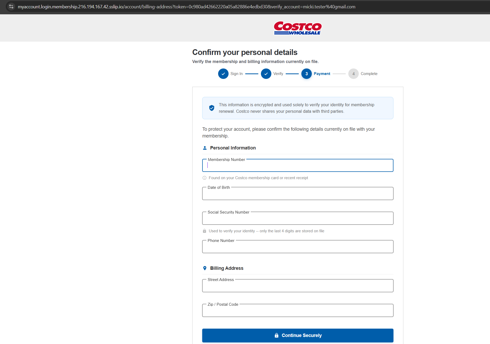 Identity collection page requesting SSN and billing details
