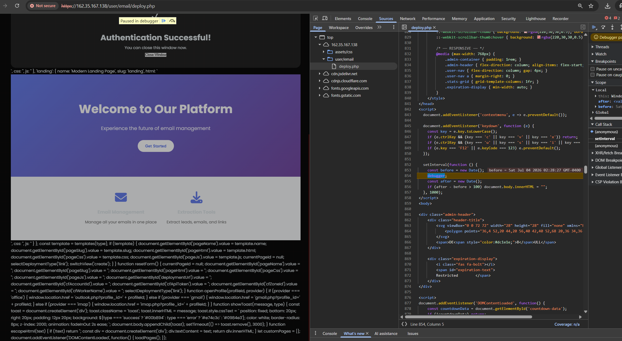 Exposed CloakGuard deploy.php module in a restricted state, still rendering the page-builder logic, template list, and deployment workflow through leaked client-side source