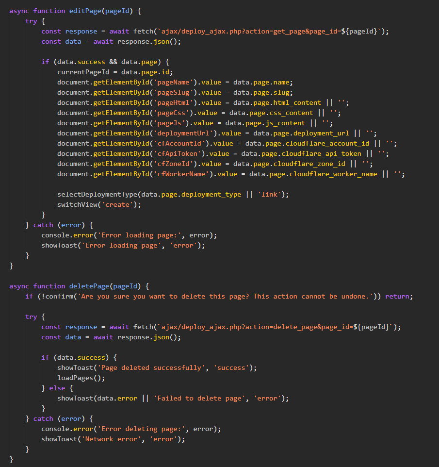 Leaked JavaScript edit and delete functions calling deploy_ajax.php with page IDs, returning JSON, and repopulating the CloakGuard page-builder fields for stored phishing pages
