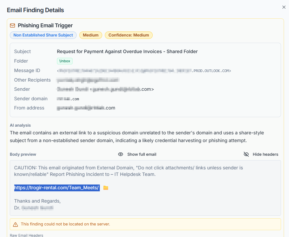 Sanitized ZeroBEC finding view showing the payment/shared-folder email lure with a Team_Meets URL path, external warning banner, and short sign-off