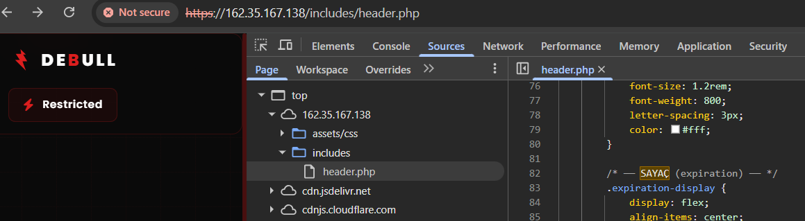 Turkish marker SAYAÇ (expiration) inside the DEBULL header.php component, where sayaç means counter or timer