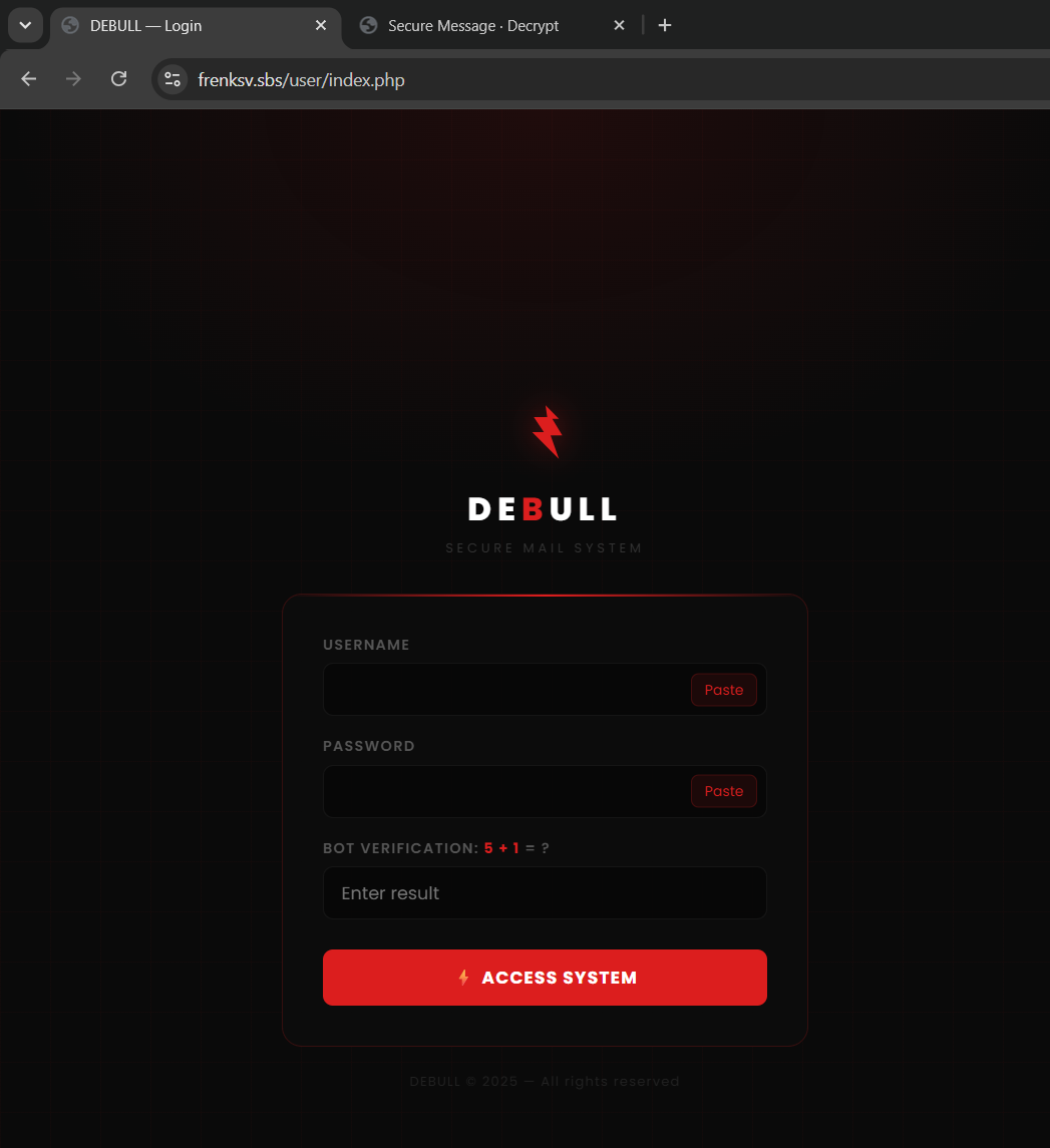 DEBULL Secure Mail System login panel exposed directly on the broker infrastructure at 162.35.167.138, running Apache 2.4.66 on Ubuntu