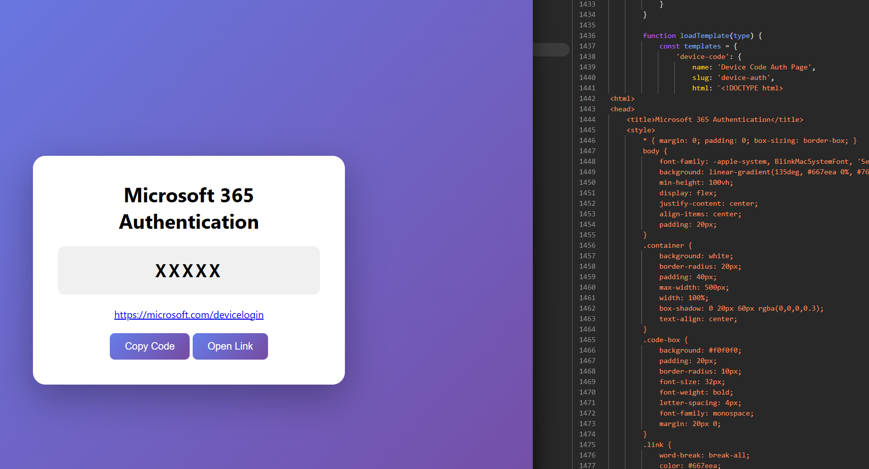 Built-in Microsoft 365 device-code authentication template inside the CloakGuard page builder: user-code display, copy-code button, and link to microsoft.com/devicelogin