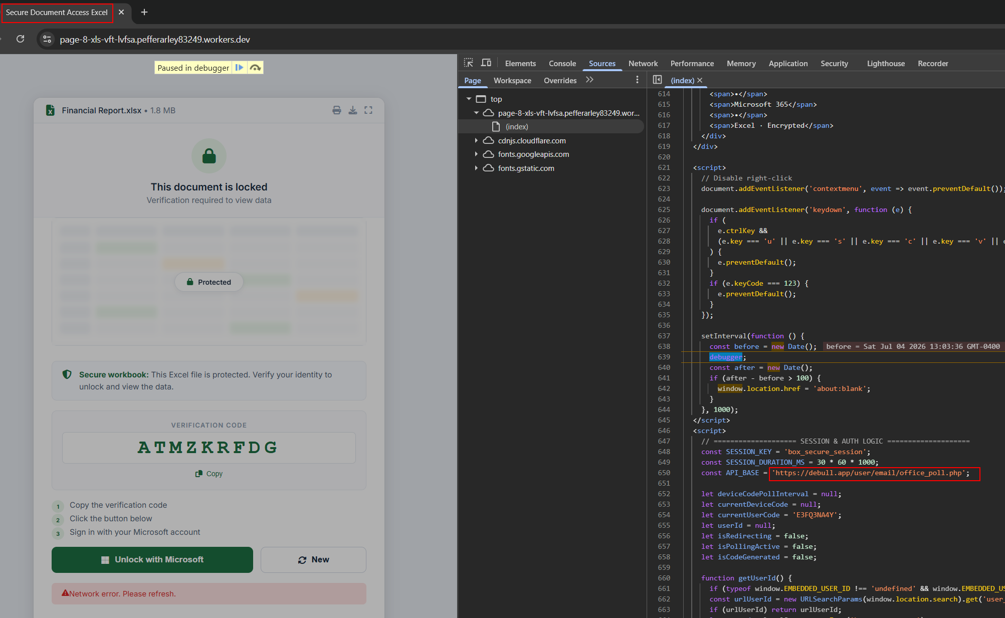 Workers.dev Excel/Box-style lure page calling the DEBULL broker at debull[.]app/user/email/office_poll.php with embedded user ID and box_secure_session key