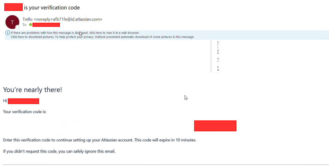 Atlassian verification code email arriving in the victim's mailbox