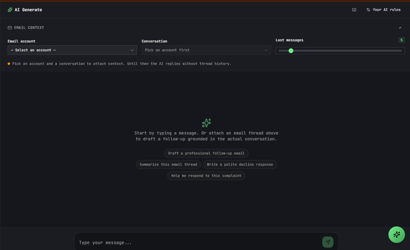 Forg365 AI mailbox context workflow allowing operators to feed email context into AI-assisted response or analysis workflows
