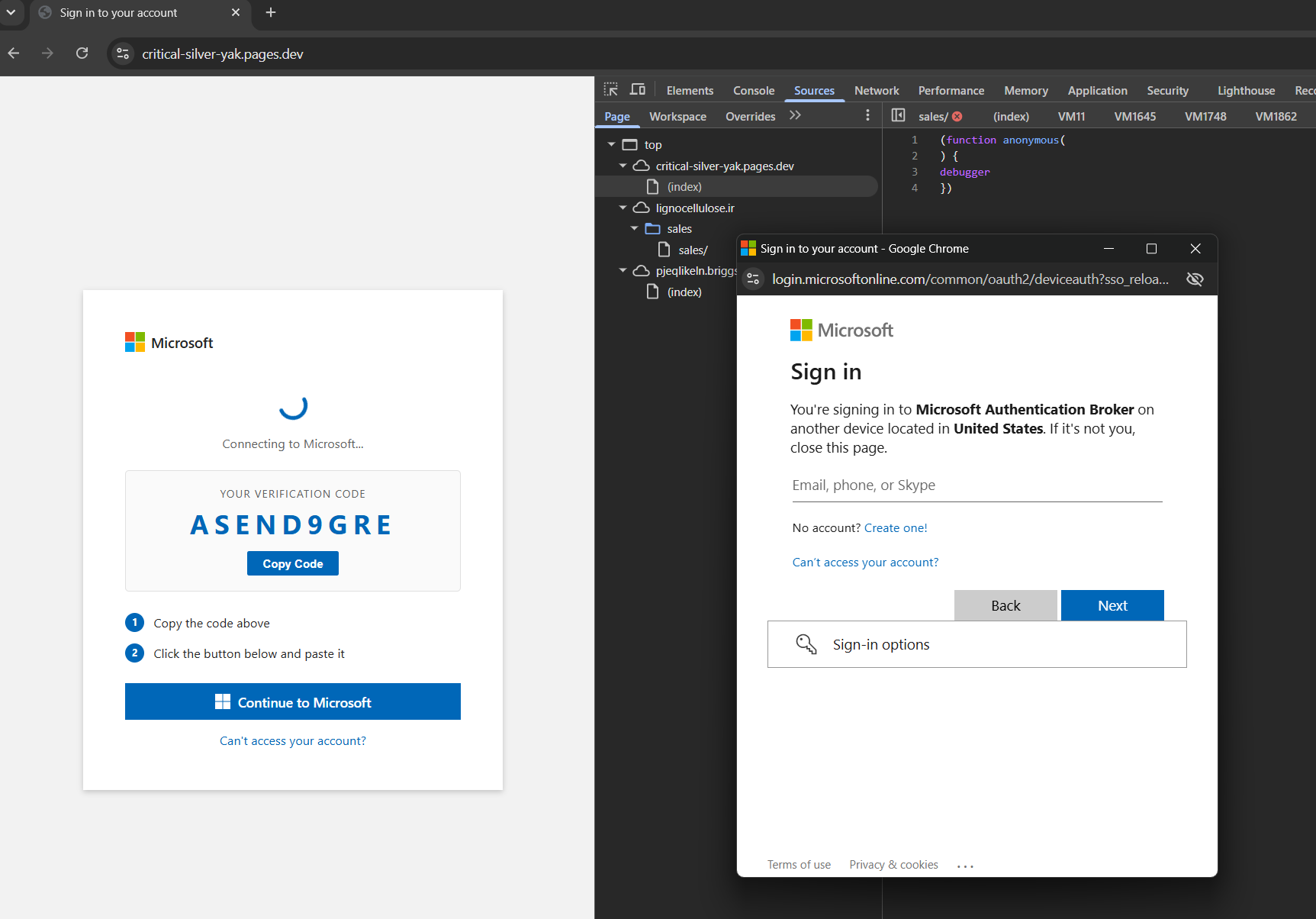 Forg365 device-auth phishing branch showing a Microsoft-styled verification code page that guides the victim into a Microsoft Authentication Broker sign-in on another device