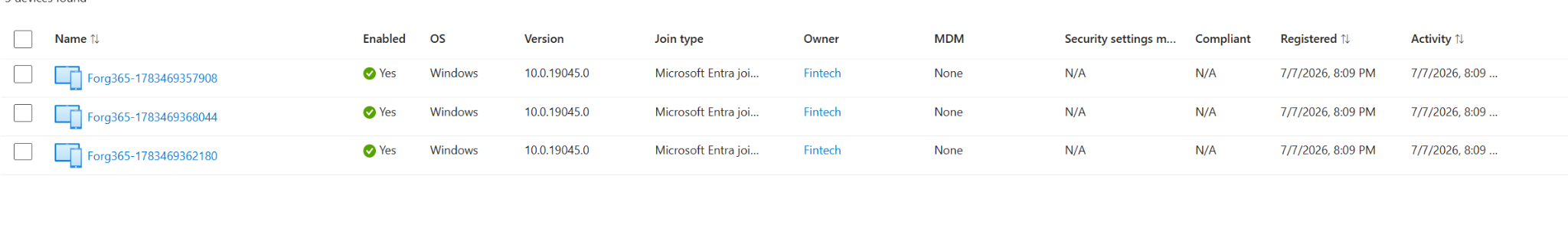 Entra device-registration evidence showing three Microsoft Entra joined devices created with Forg365-prefixed names, linking the campaign to the Forg365 device-registration workflow