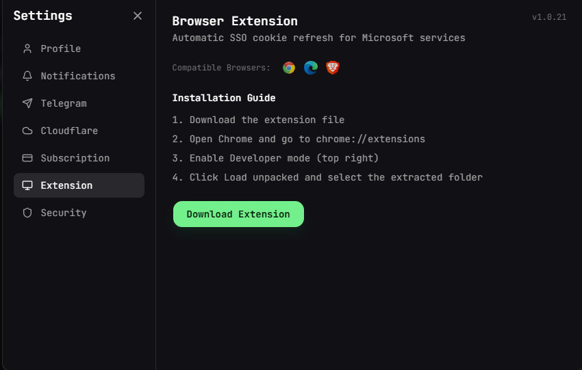 ForgCookie extension workflow exposed in the Forg365 panel, positioned as automatic SSO cookie refresh for Microsoft services