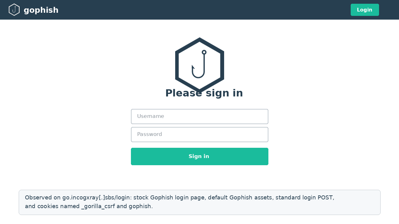Gophish delivery component observed on go.incogxray.sbs/login, exposing a stock Gophish login surface with Gophish assets and session cookies