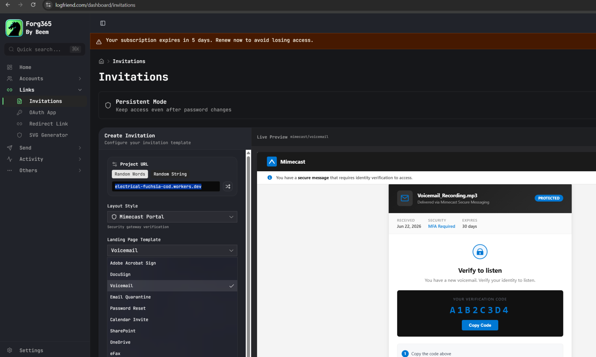Forg365 Invitations module in the operator panel showing Persistent Mode, random project URLs, layout selection, built-in lure templates for Adobe Acrobat Sign, DocuSign, Voicemail, Email Quarantine, Password Reset, Calendar Invite, SharePoint, OneDrive, and eFax, and a live preview