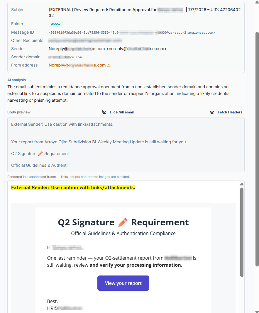 Initial email lure observed by ZeroBEC using a business-document pretext, delivered through legitimate SaaS mail infrastructure and starting the redirect chain into the Forg365 device-auth and AiTM branches