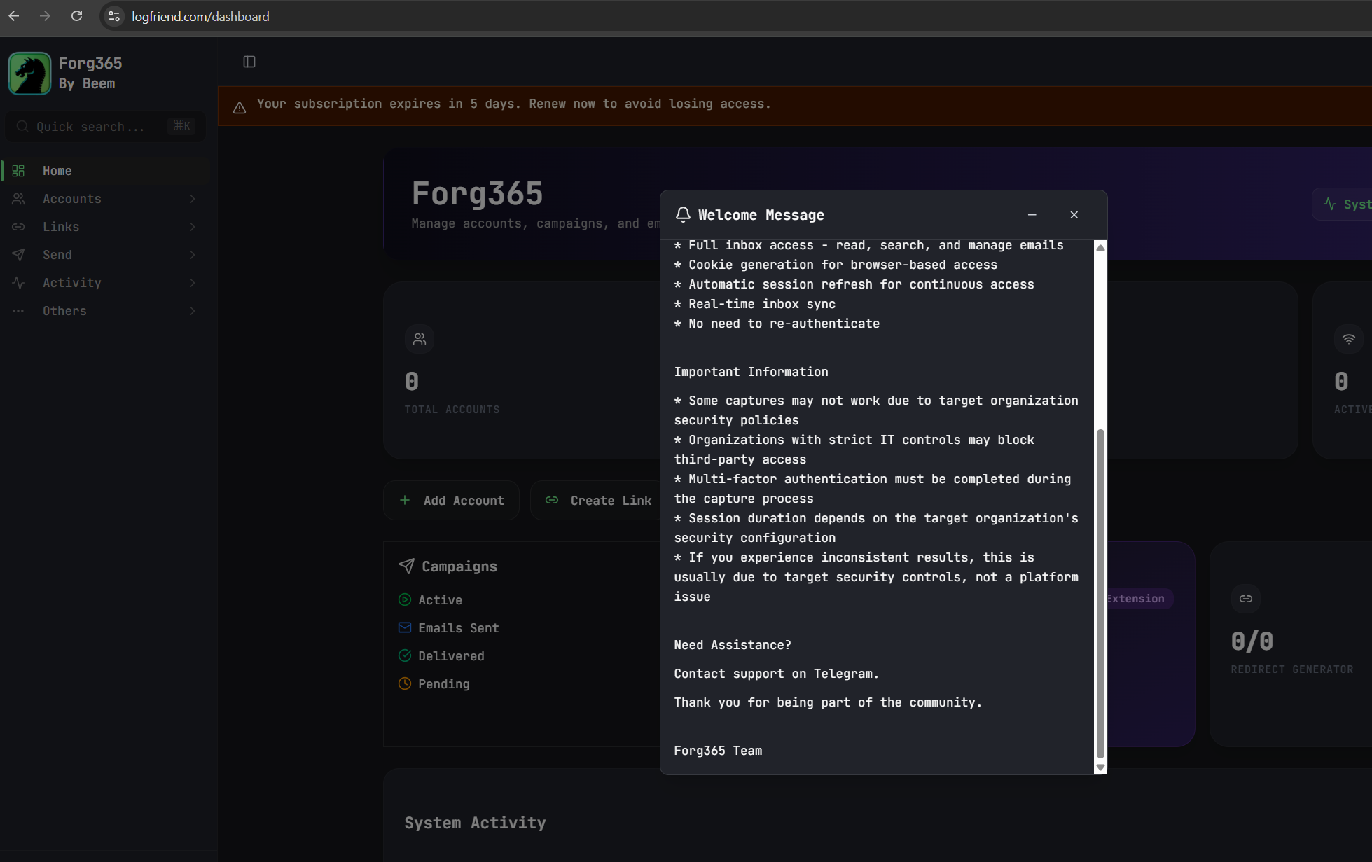 Forg365 primary panel welcome message advertising full inbox access, cookie generation for browser-based access, automatic session refresh, real-time inbox sync, and no need to re-authenticate
