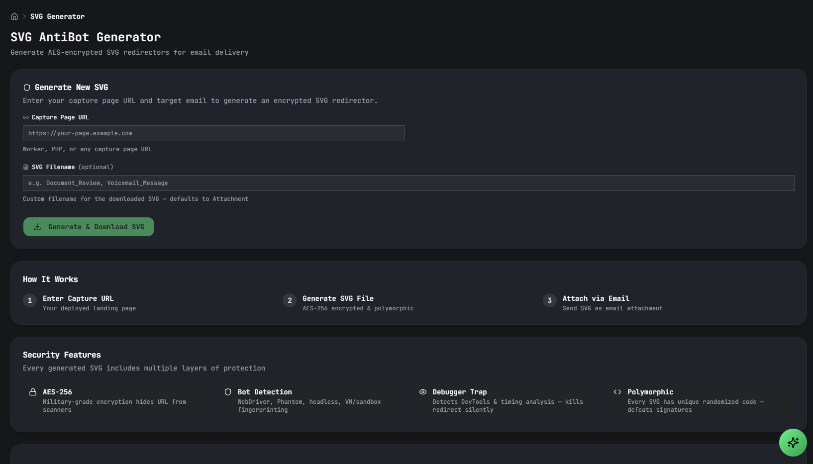 SVG AntiBot Generator inside the Forg365 panel, advertising AES-encrypted redirectors, bot detection, debugger traps, sandbox and VM checks, and polymorphic code