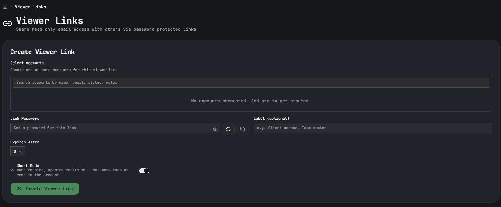 Forg365 Viewer Links module supporting password-protected read-only mailbox access sharing with expiry and ghost-mode style access semantics