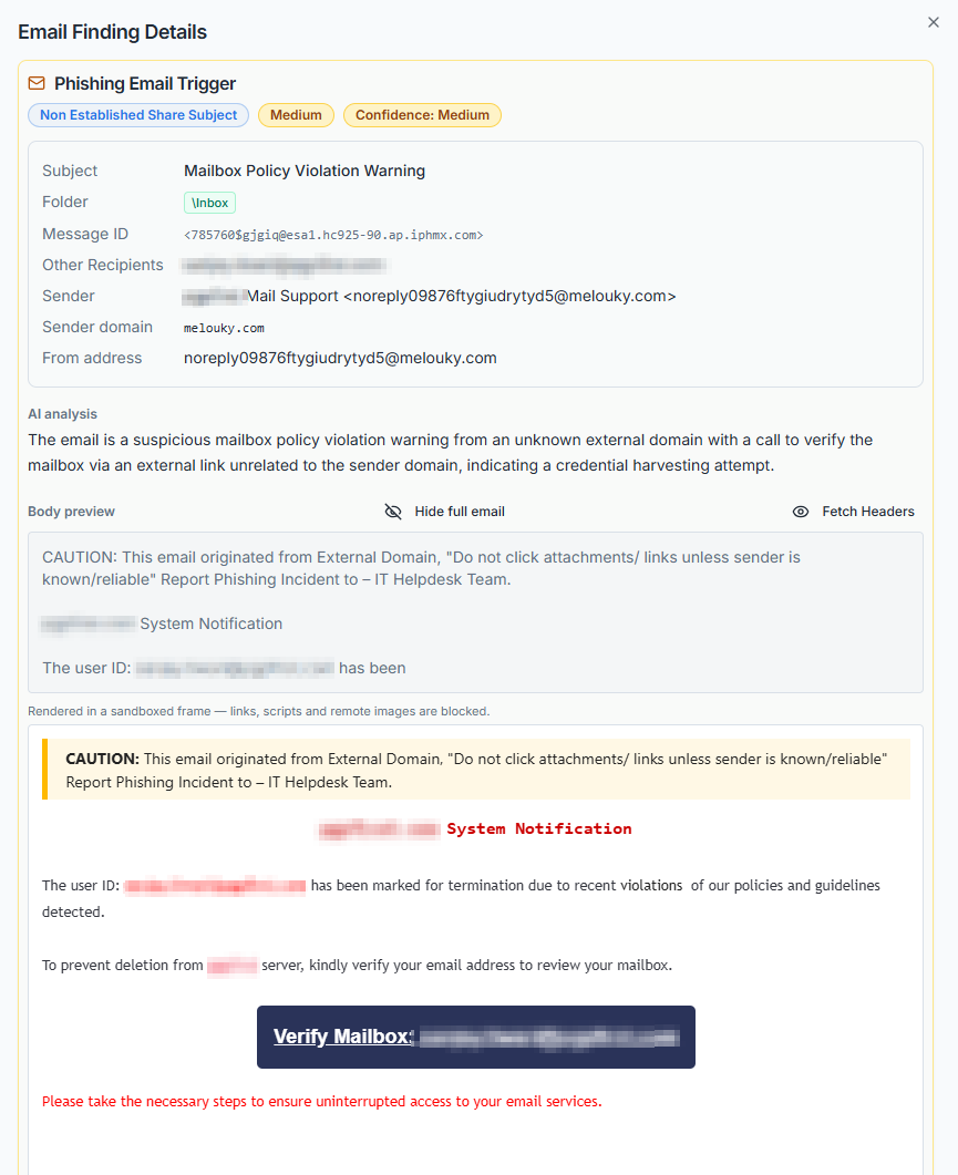 ZeroBEC platform view showing the Mailbox Policy Violation Warning lure identified and quarantined with recipient details redacted