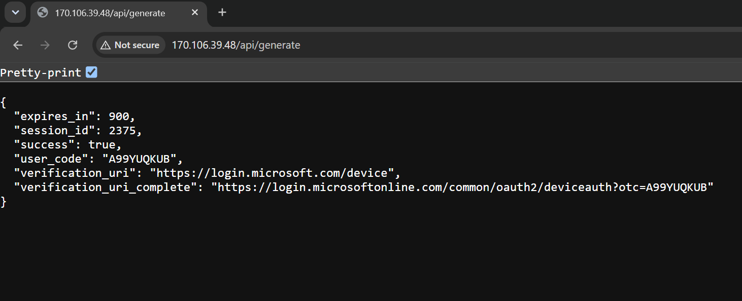 /api/generate response showing live device-code generation behavior on the Kali365 lure host; code and legitimate Microsoft URL values redacted