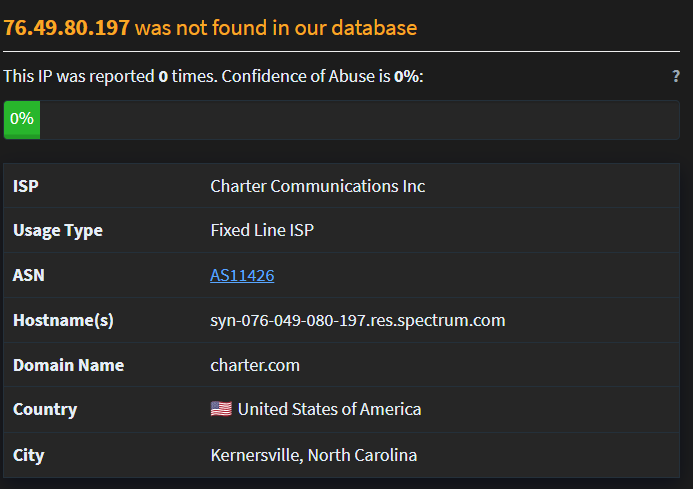 Charter/Spectrum fixed-line IP context for 76.49.80.197 from controlled-account telemetry