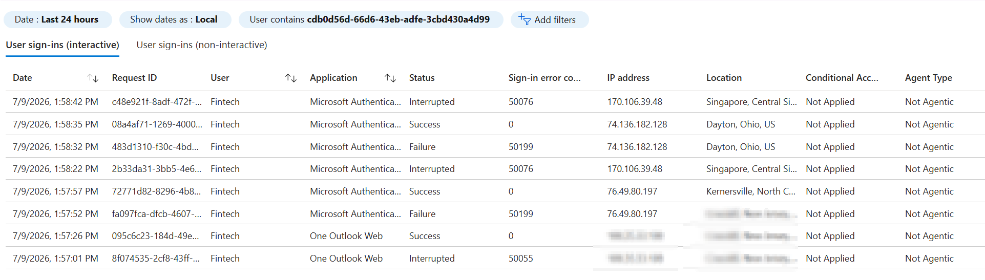 Entra sign-in timeline from controlled-account telemetry showing Microsoft Authentication events, success/failure transitions, and interrupted MFA events around the attack window